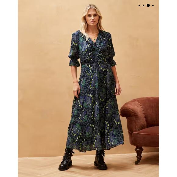 B45 Brora Silk Ruched Floral Dress 10 Romantic Cottage core Autumn Boho Wedding - Picture 1 of 14